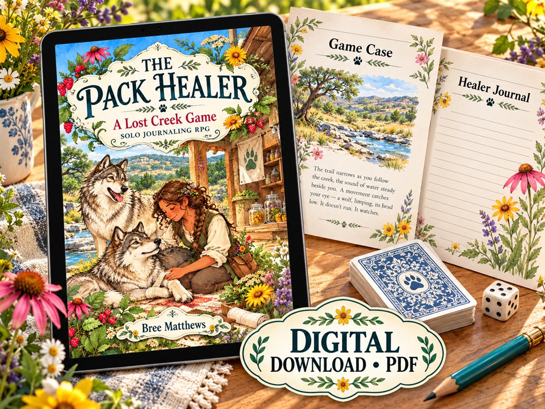 The Pack Healer solo journaling RPG by Bree Matthews, shown on a tablet with game cards and a healer journal