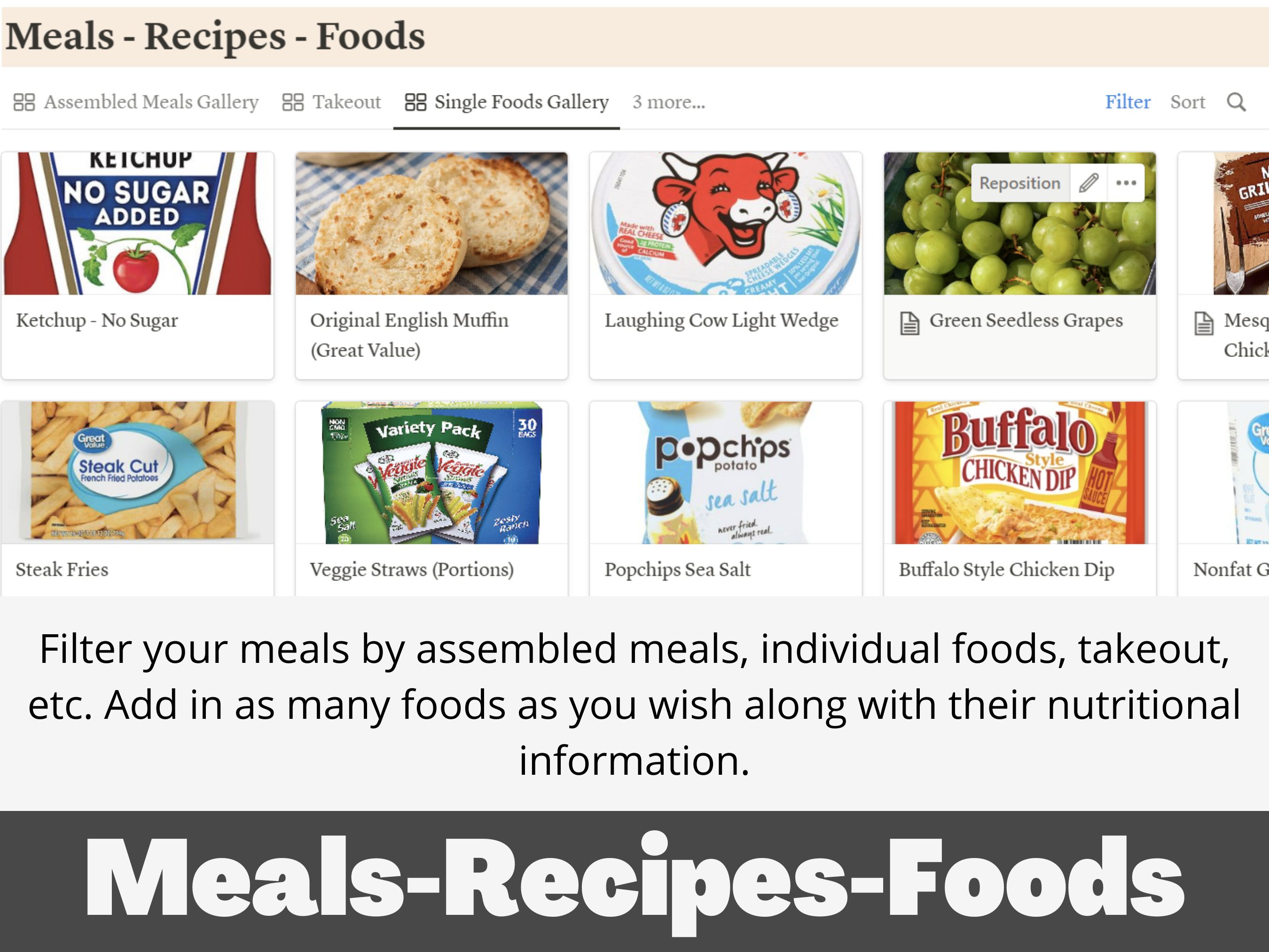 Meals, recipes, and foods gallery inside the Notion template